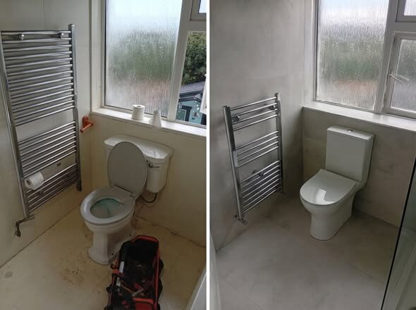Before and after Dublin bathroom renovation: wc & radiator refit — Tired WC area refitted with new sanitaryware and towel rail.