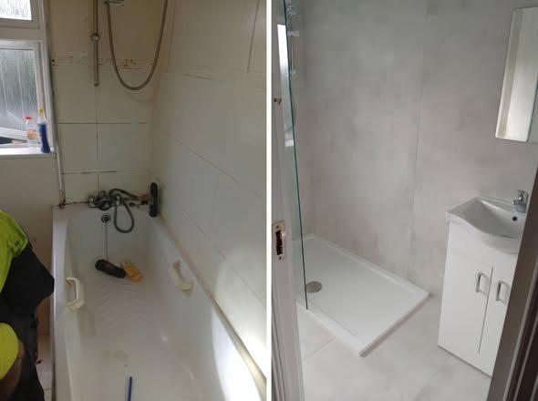 Before and after Dublin bathroom renovation: bath to walk-in shower — Dated bath replaced with a level-access shower and vanity.